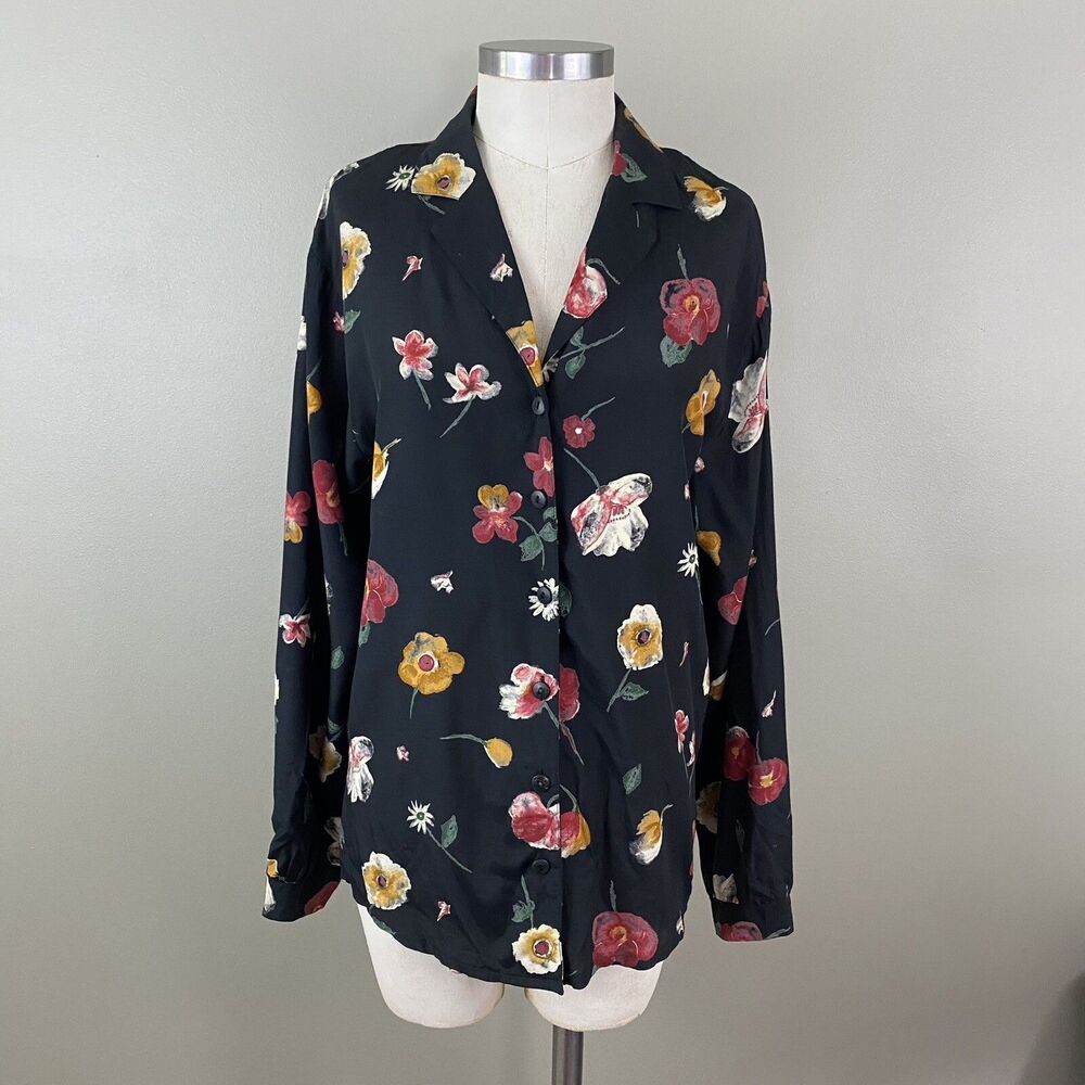 Vtg 90s Womens Rayon Blouse Top Black M L Long Sleeve Floral Cottagecore